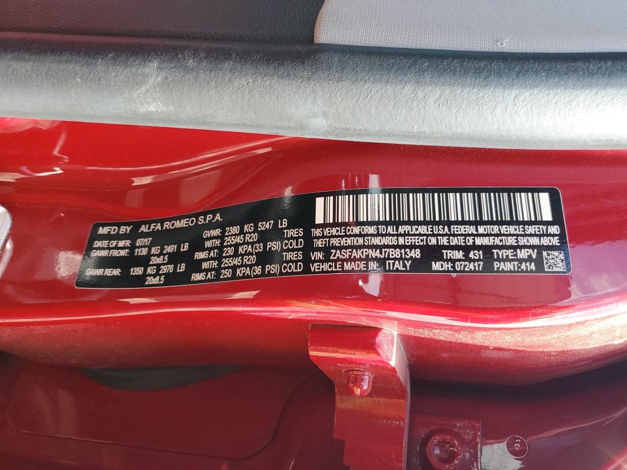 2018 Alfa Romeo Stelvio Sport VIN: ZASFAKPN4J7B81348 Lot: 68389954