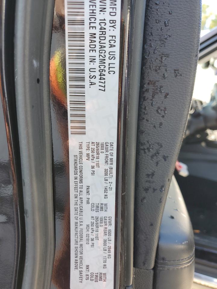 2021 Dodge Durango Sxt VIN: 1C4RDJAG2MC644777 Lot: 68979314