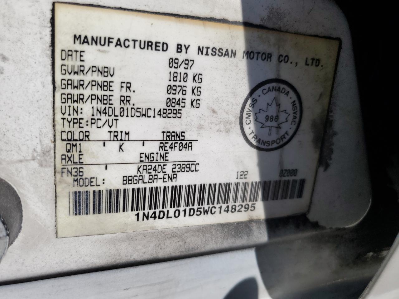 1N4DL01D5WC148295 1998 Nissan Altima Xe