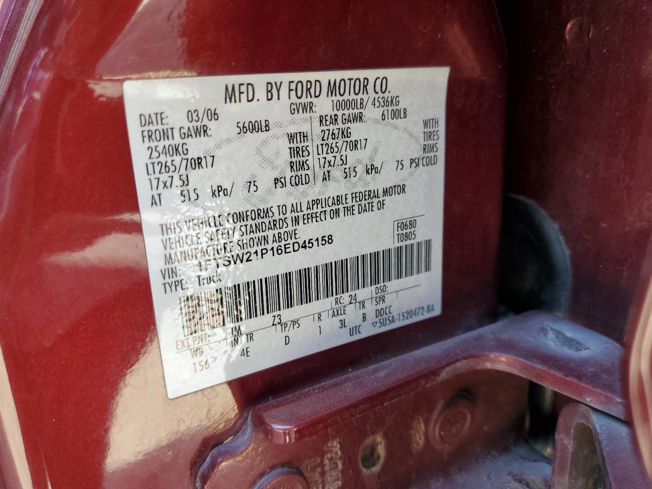 1FTSW21P16ED45158 2006 Ford F250 Super Duty