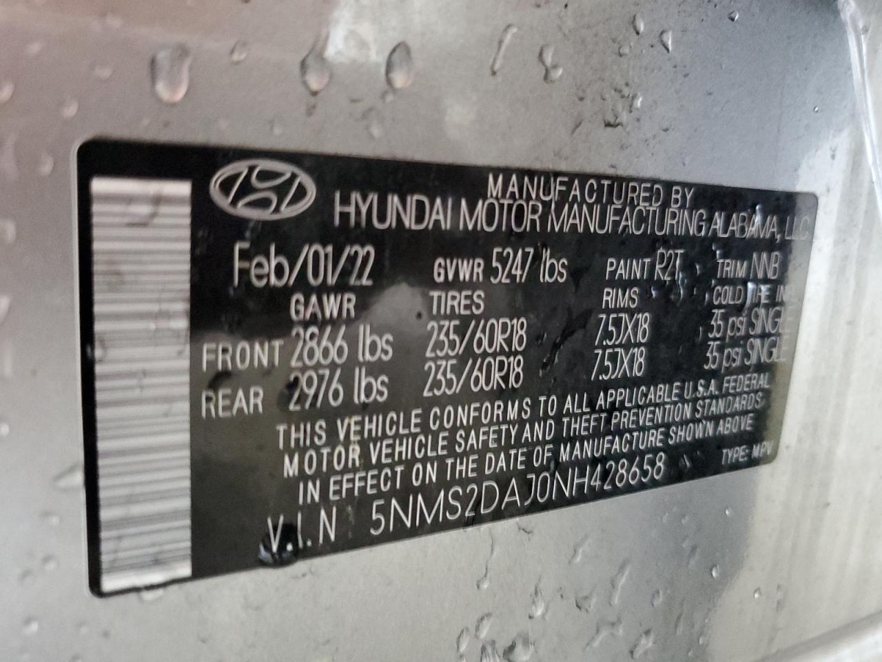 2022 Hyundai Santa Fe Sel VIN: 5NMS2DAJ0NH428658 Lot: 65394194