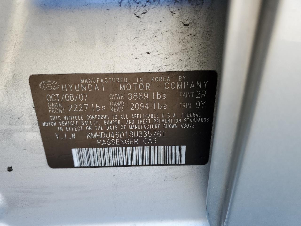 2008 Hyundai Elantra Gls VIN: KMHDU46D18U335761 Lot: 67404054