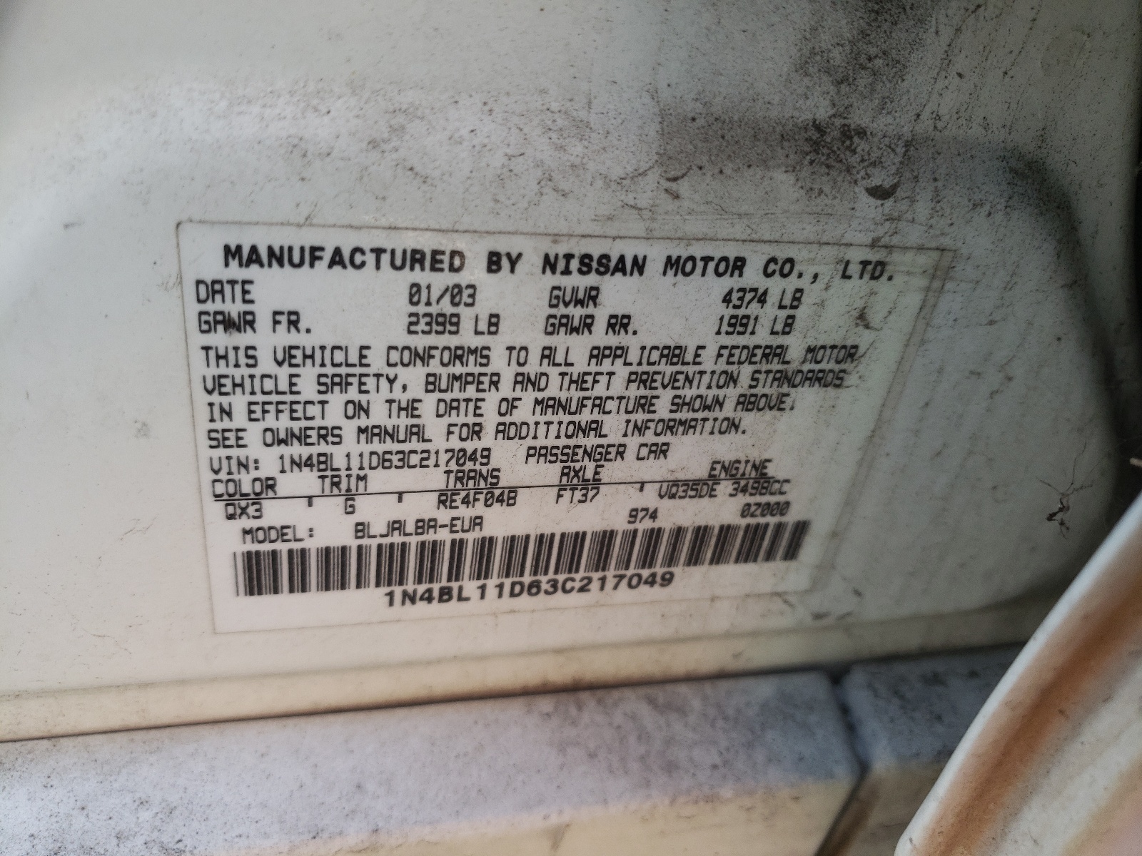 1N4BL11D63C217049 2003 Nissan Altima Se