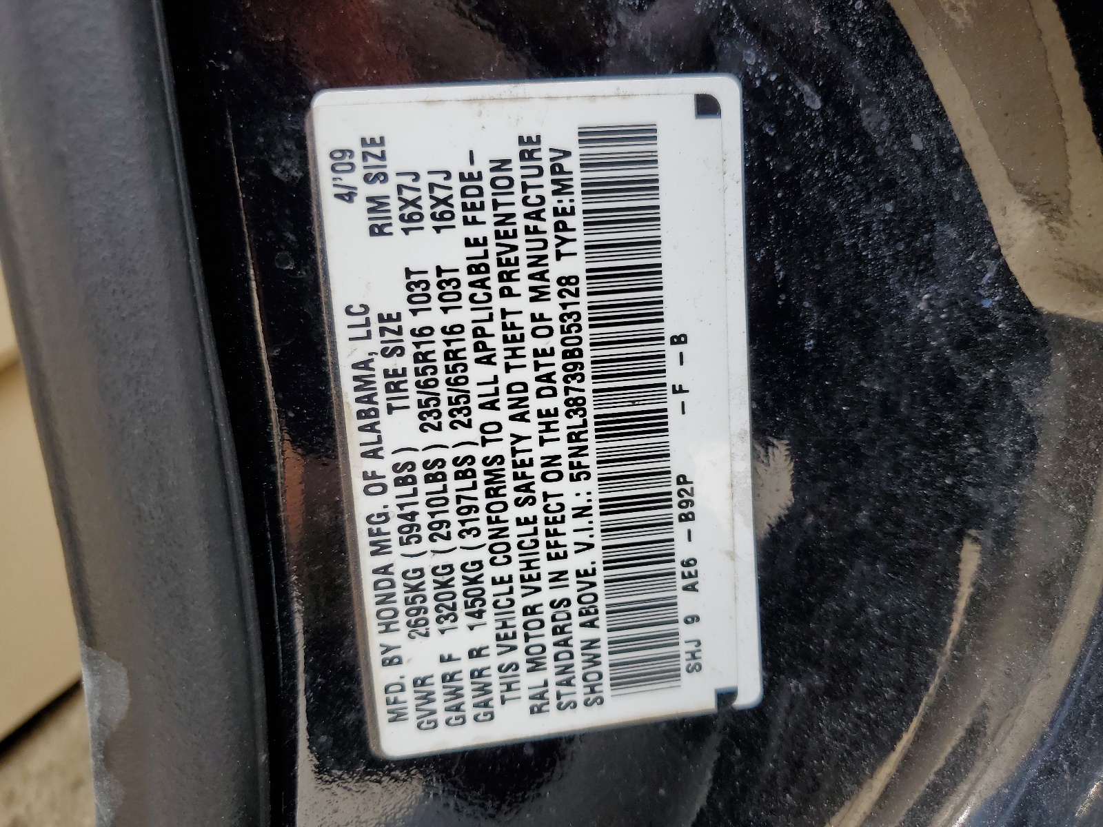 5FNRL38739B053128 2009 Honda Odyssey Exl