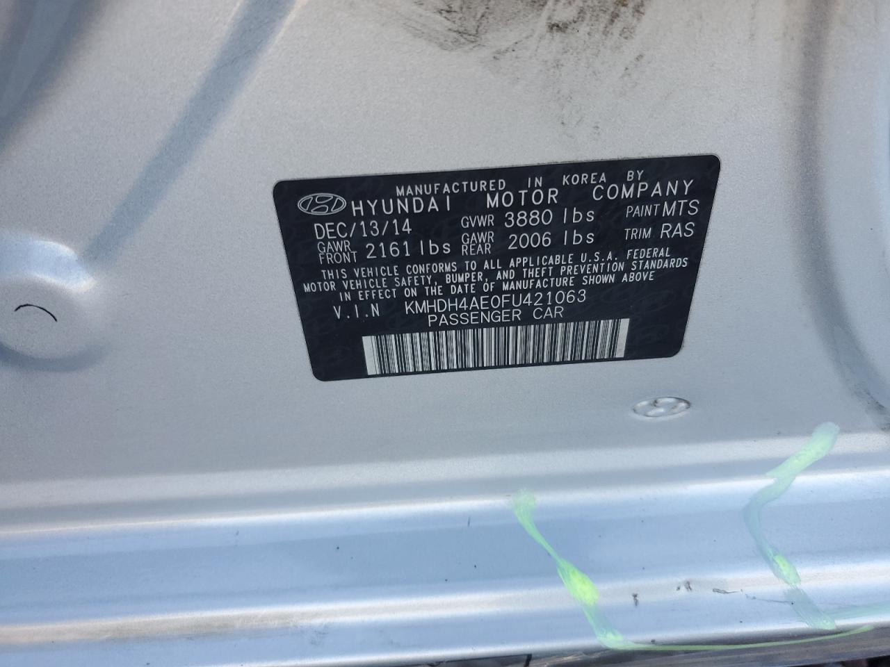 2015 Hyundai Elantra Se VIN: KMHDH4AE0FU421063 Lot: 66430864