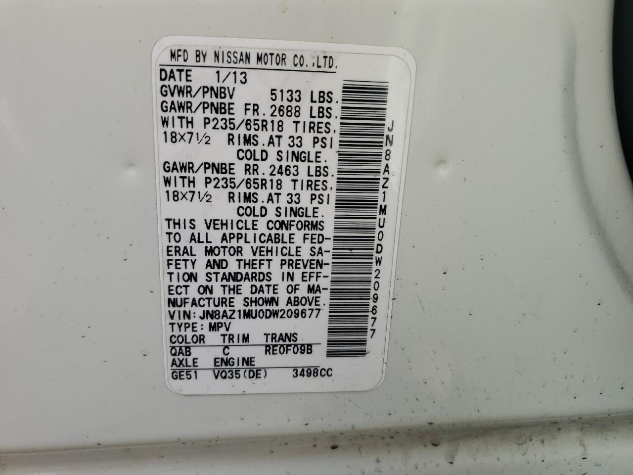 2013 Nissan Murano S VIN: JN8AZ1MU0DW209677 Lot: 66525584