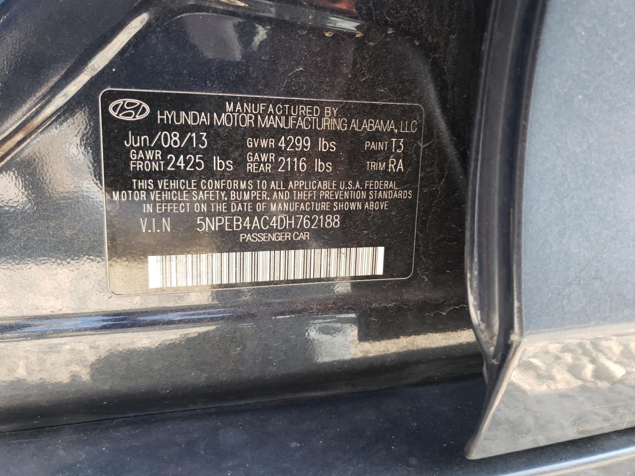 2013 Hyundai Sonata Gls VIN: 5NPEB4AC4DH762188 Lot: 66345374