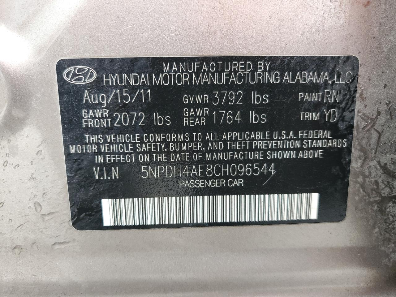 2012 Hyundai Elantra Gls VIN: 5NPDH4AE8CH096544 Lot: 65377634