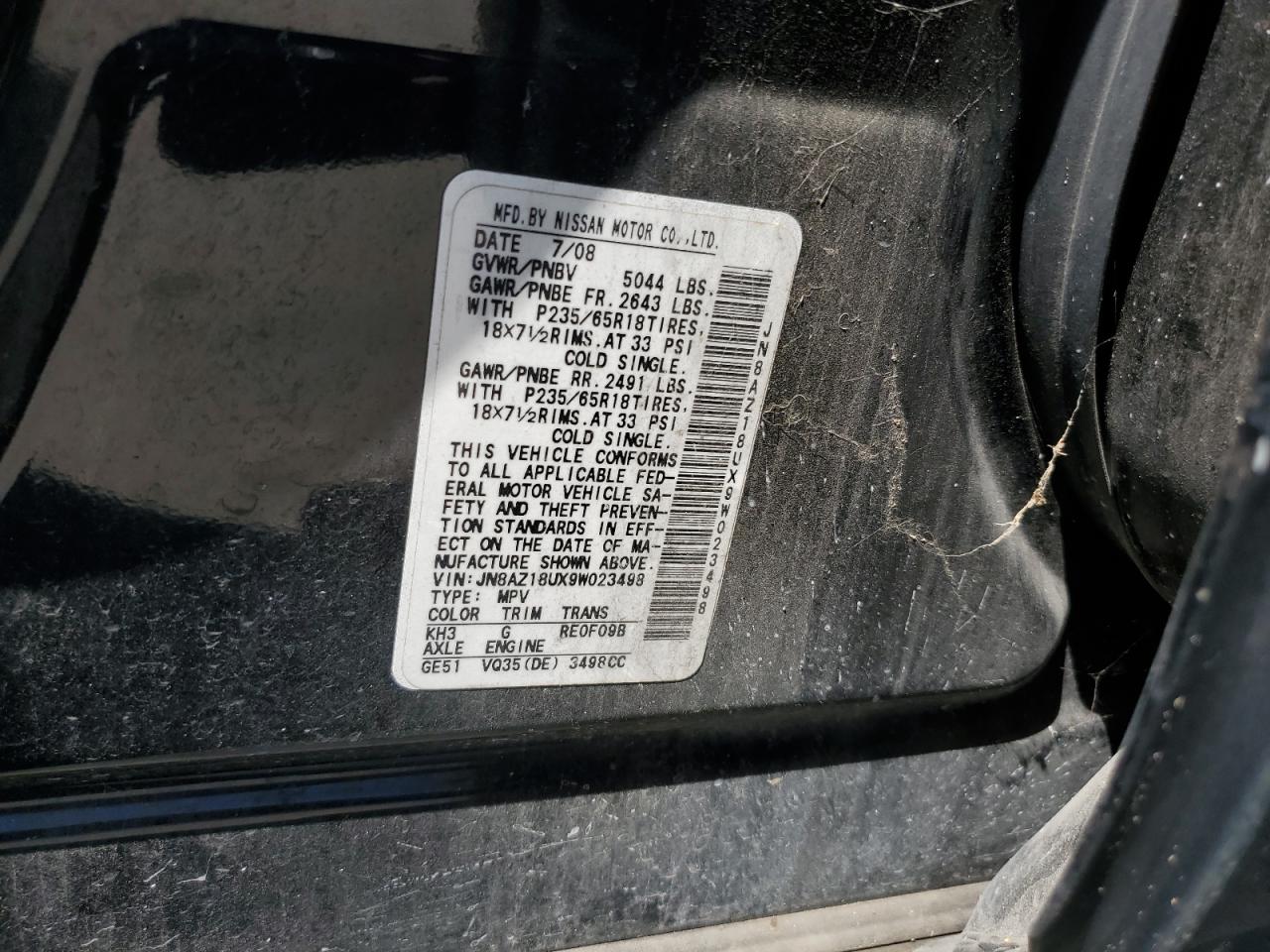2009 Nissan Murano S VIN: JN8AZ18UX9W023498 Lot: 66798804