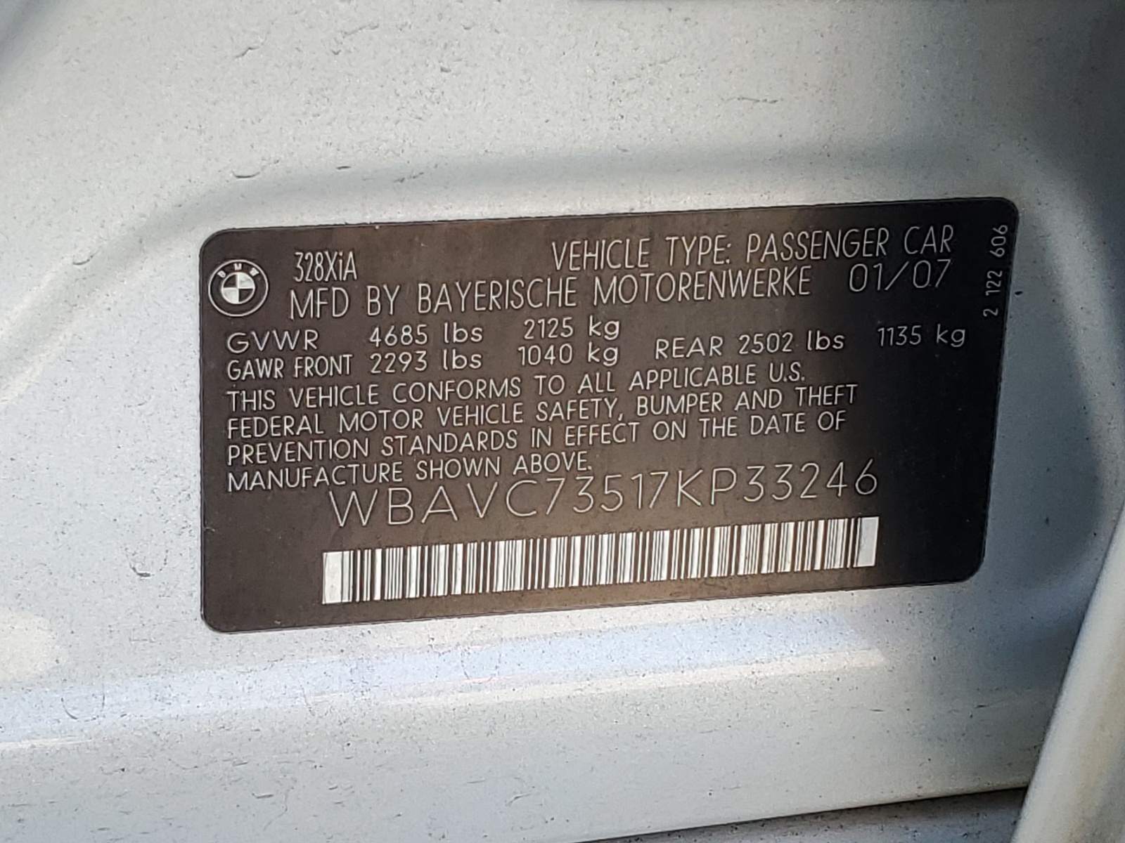 WBAVC73517KP33246 2007 BMW 328 Xi Sulev