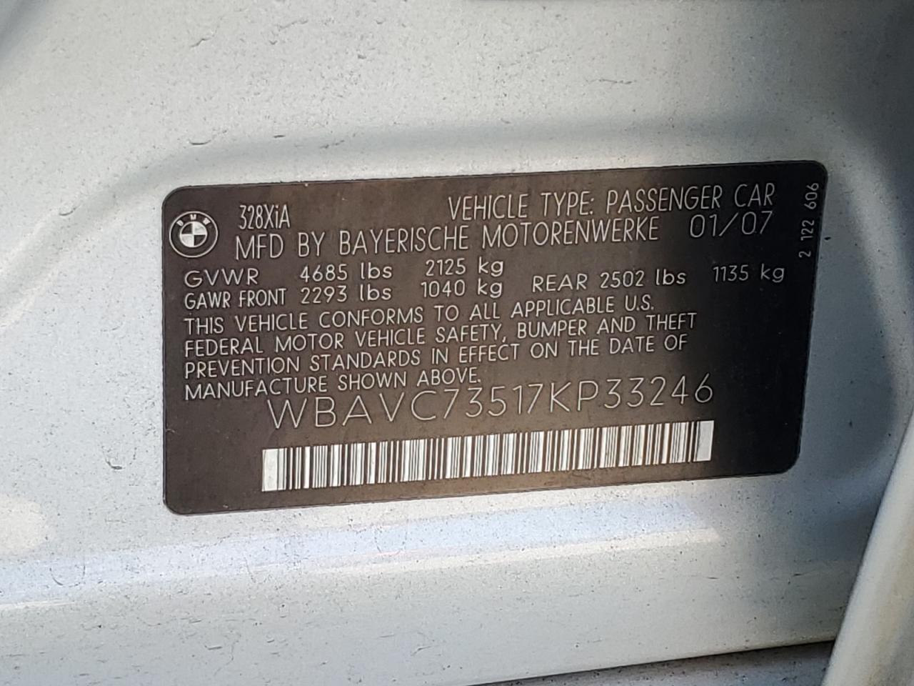 2007 BMW 328 Xi Sulev VIN: WBAVC73517KP33246 Lot: 65563564