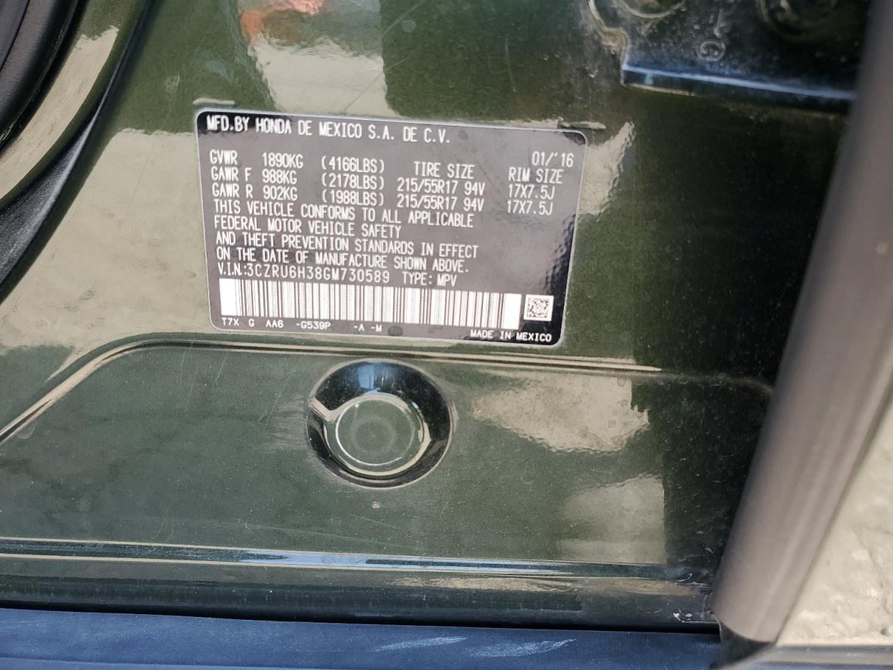 2016 Honda Hr-V Lx VIN: 3CZRU6H38GM730589 Lot: 65085424