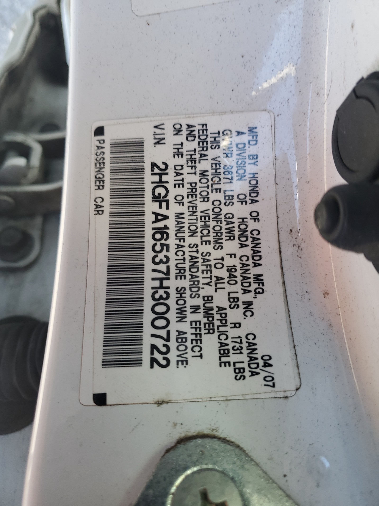 2HGFA16537H300722 2007 Honda Civic Lx