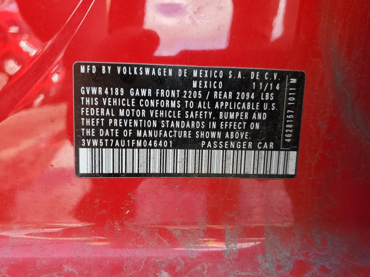 2015 Volkswagen Gti VIN: 3VW5T7AU1FM046401 Lot: 67821464
