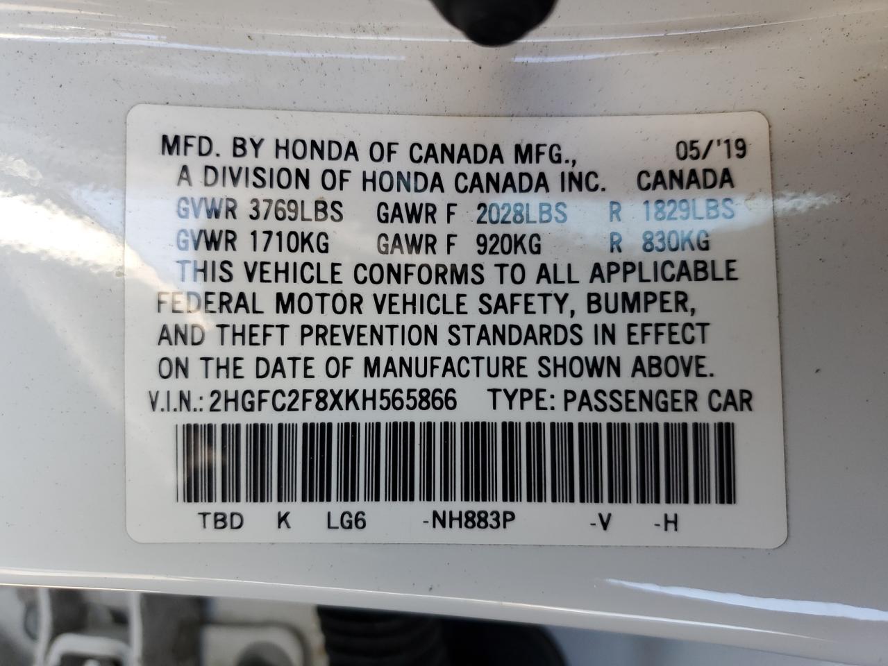 2019 Honda Civic Sport VIN: 2HGFC2F8XKH565866 Lot: 66743874