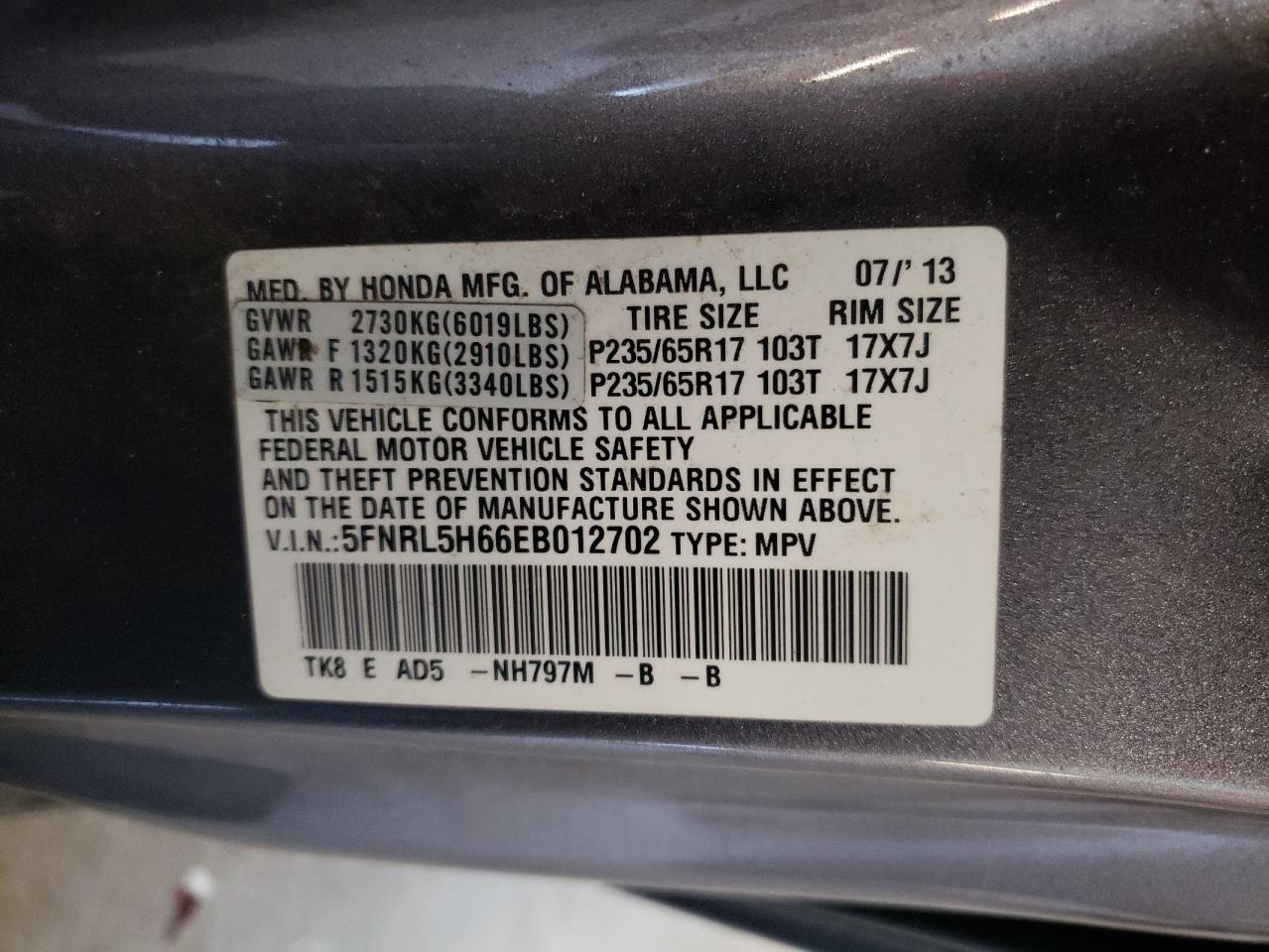 5FNRL5H66EB012702 2014 Honda Odyssey Exl