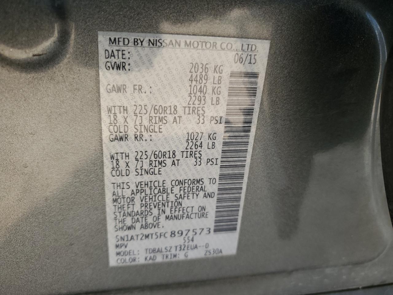 2015 Nissan Rogue S VIN: 5N1AT2MT5FC897573 Lot: 66278264