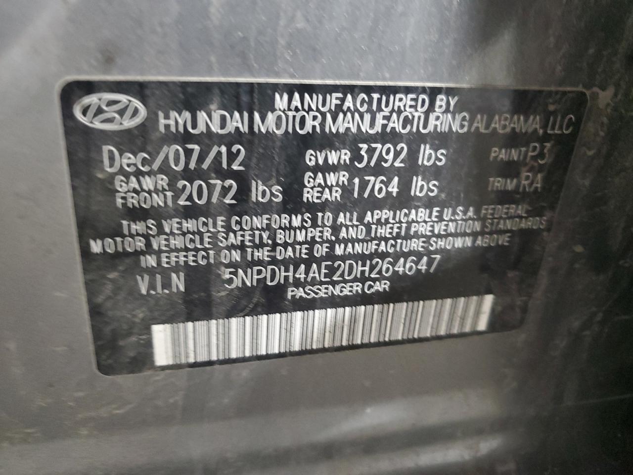 2013 Hyundai Elantra Gls VIN: 5NPDH4AE2DH264647 Lot: 65341514