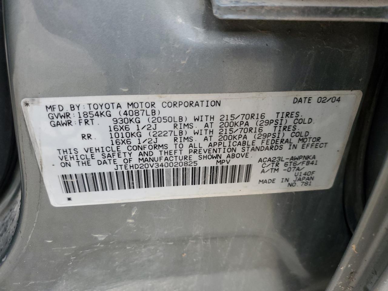 2004 Toyota Rav4 VIN: JTEHD20V340020825 Lot: 66294234