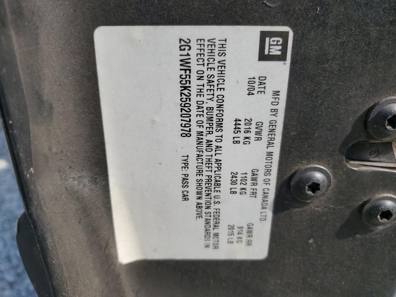 2005 Chevrolet Impala VIN: 2G1WF55K259207978 Lot: 66577424