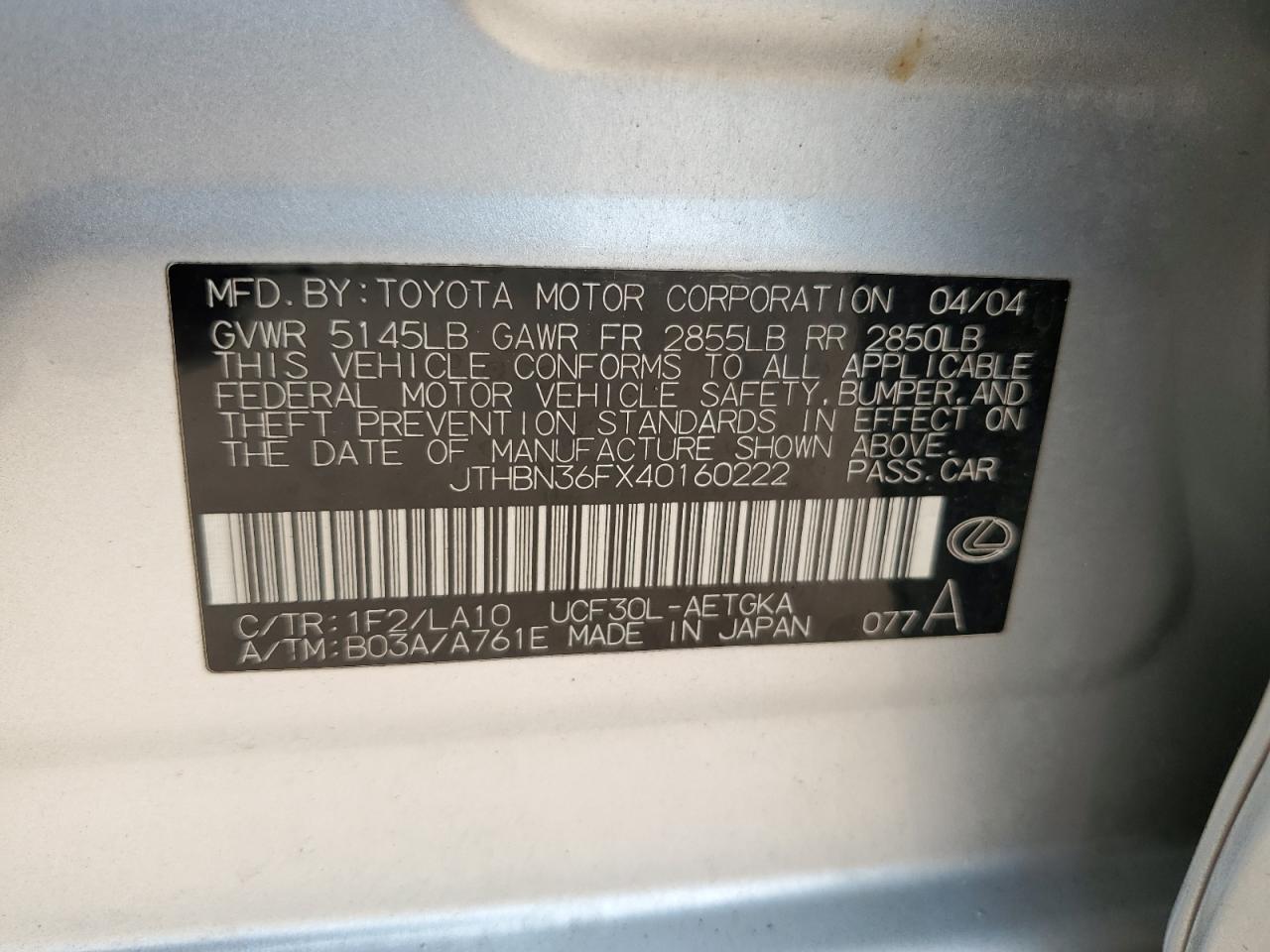 2004 Lexus Ls 430 VIN: JTHBN36FX40160222 Lot: 65581284