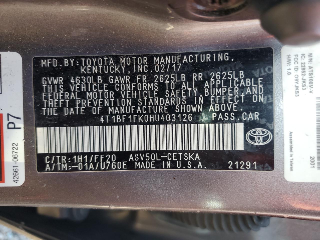 4T1BF1FK0HU403126 2017 TOYOTA CAMRY - Image 12