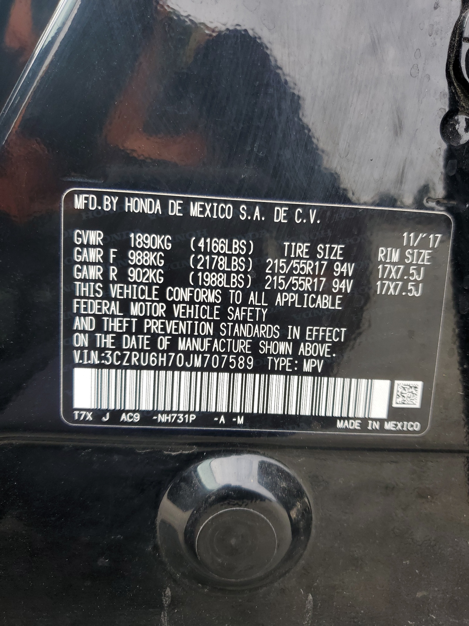 3CZRU6H70JM707589 2018 Honda Hr-V Exl
