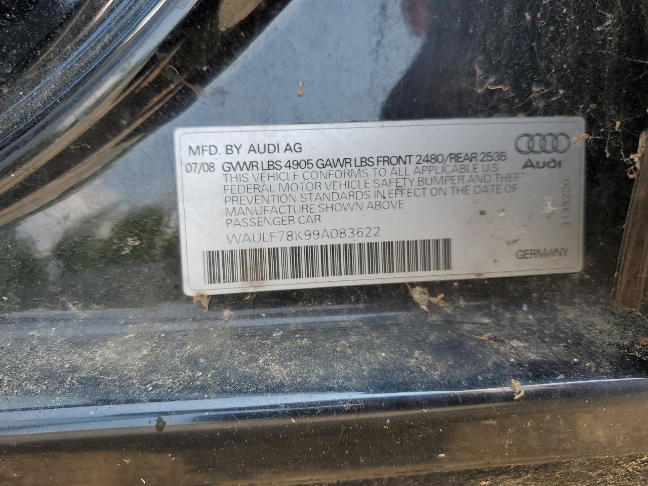 2009 Audi A4 2.0T Quattro VIN: WAULF78K99A083622 Lot: 65755984