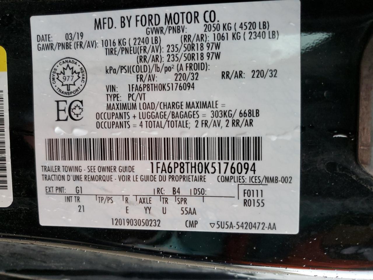 2019 Ford Mustang VIN: 1FA6P8TH0K5176094 Lot: 65762364