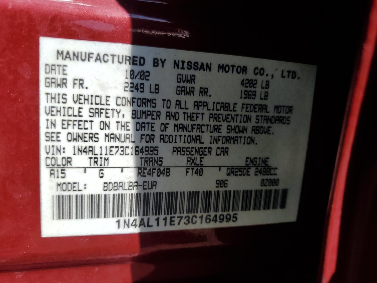 2003 Nissan Altima Base VIN: 1N4AL11E73C164995 Lot: 68859694