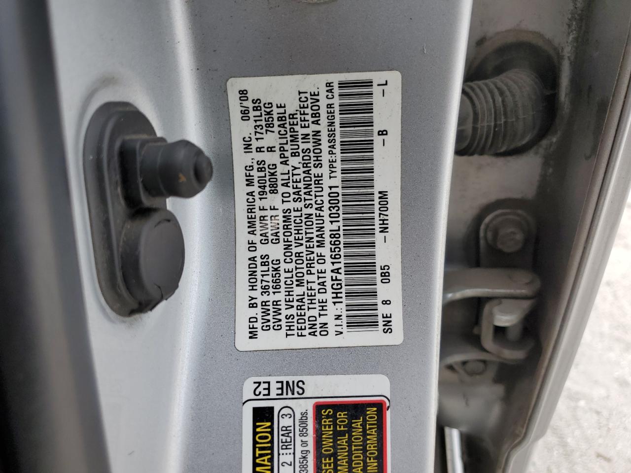 2008 Honda Civic Lx VIN: 1HGFA16568L103001 Lot: 66494484