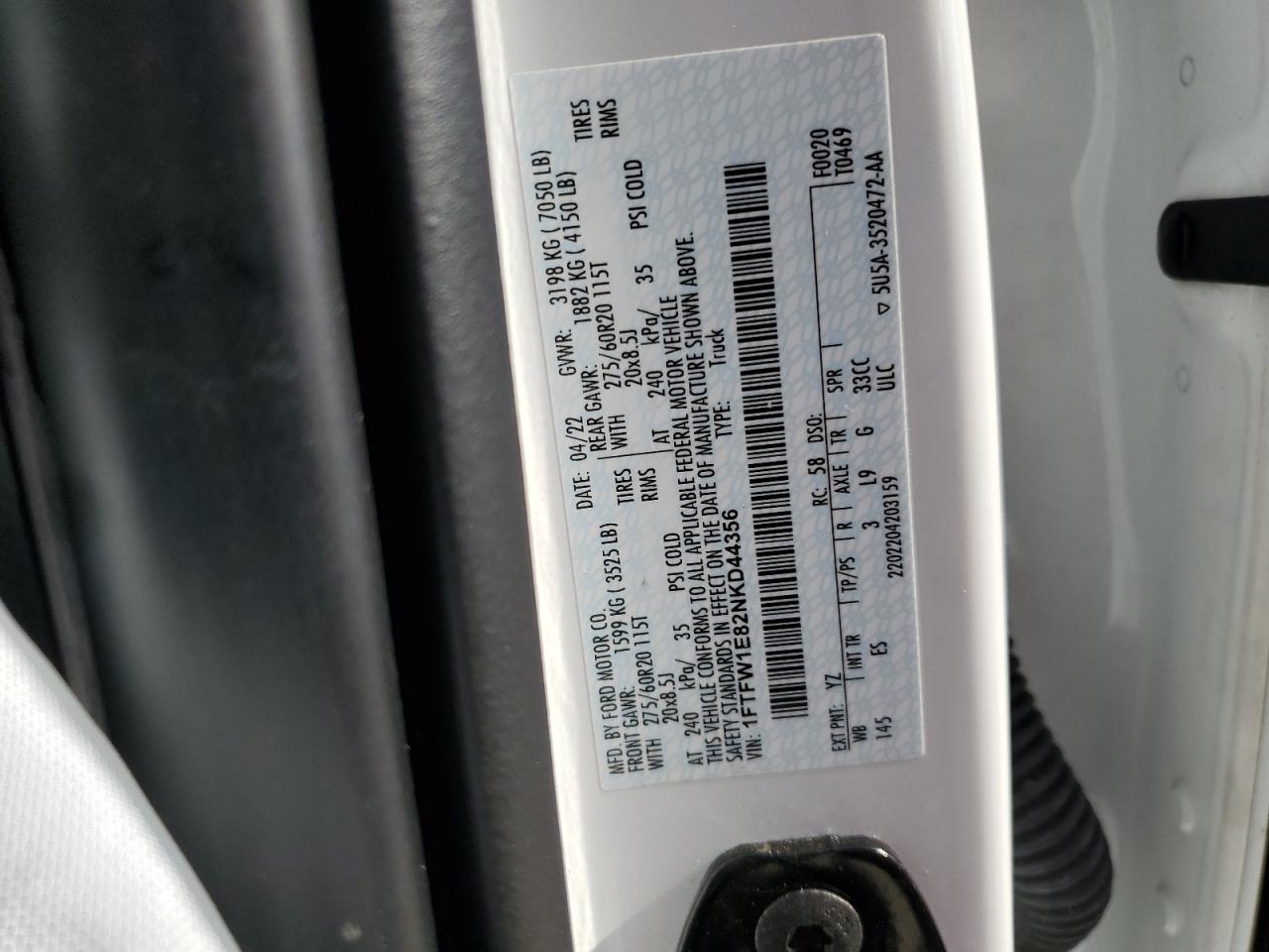 2022 Ford F150 Supercrew VIN: 1FTFW1E82NKD44356 Lot: 67482734