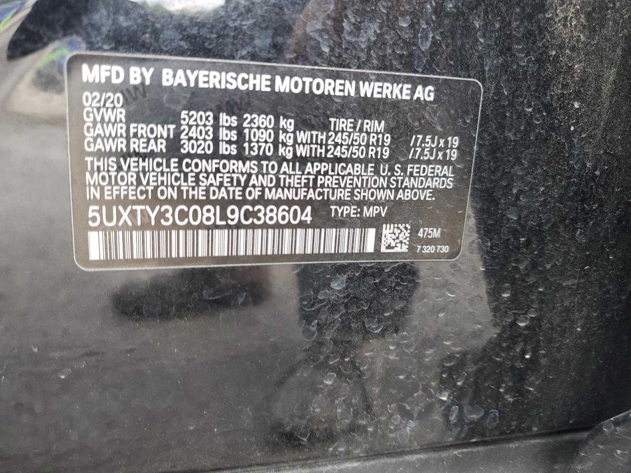 VIN 5UXTY3C08L9C38604 2020 BMW X3 no.14