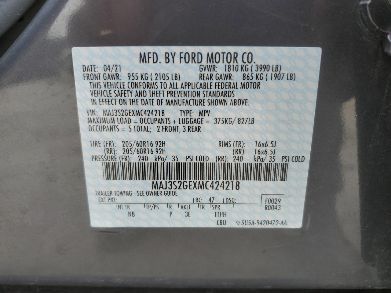 2021 Ford Ecosport Se VIN: MAJ3S2GEXMC424218 Lot: 64648514