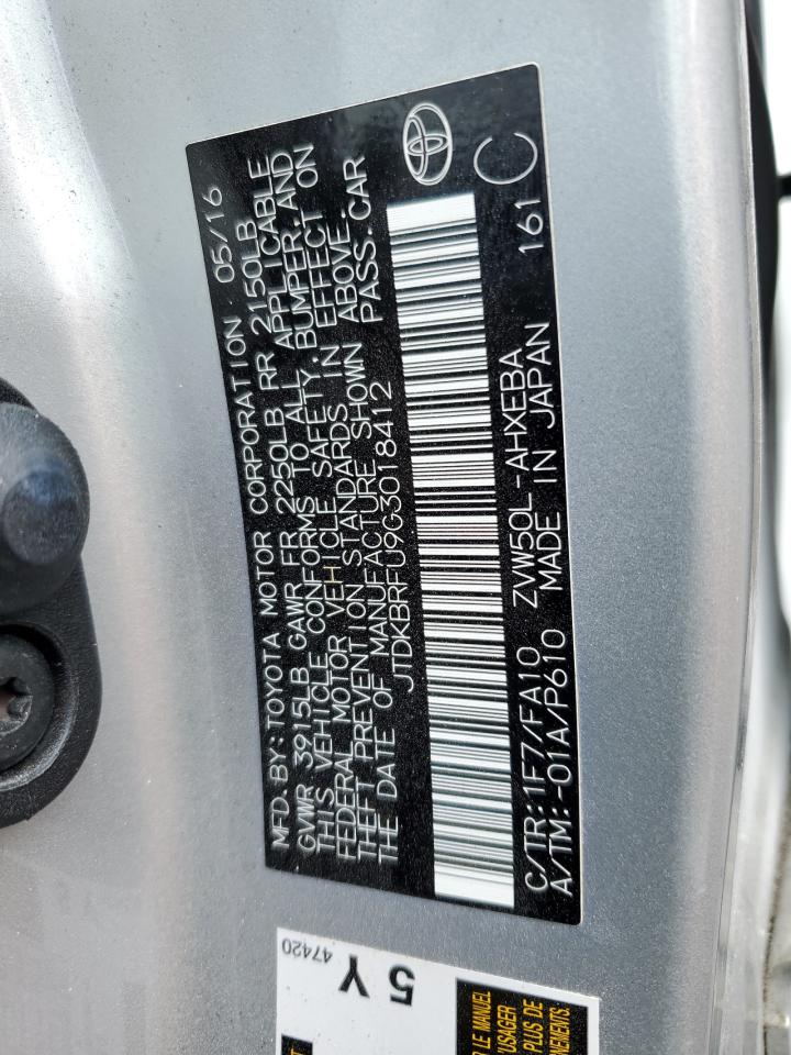 2016 Toyota Prius VIN: JTDKBRFU9G3018412 Lot: 66148964