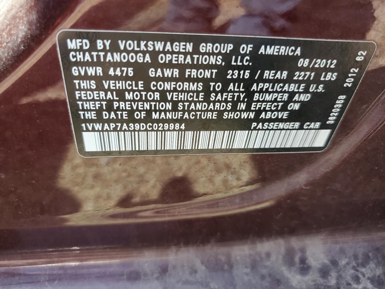 2013 Volkswagen Passat S VIN: 1VWAP7A39DC029984 Lot: 68809434