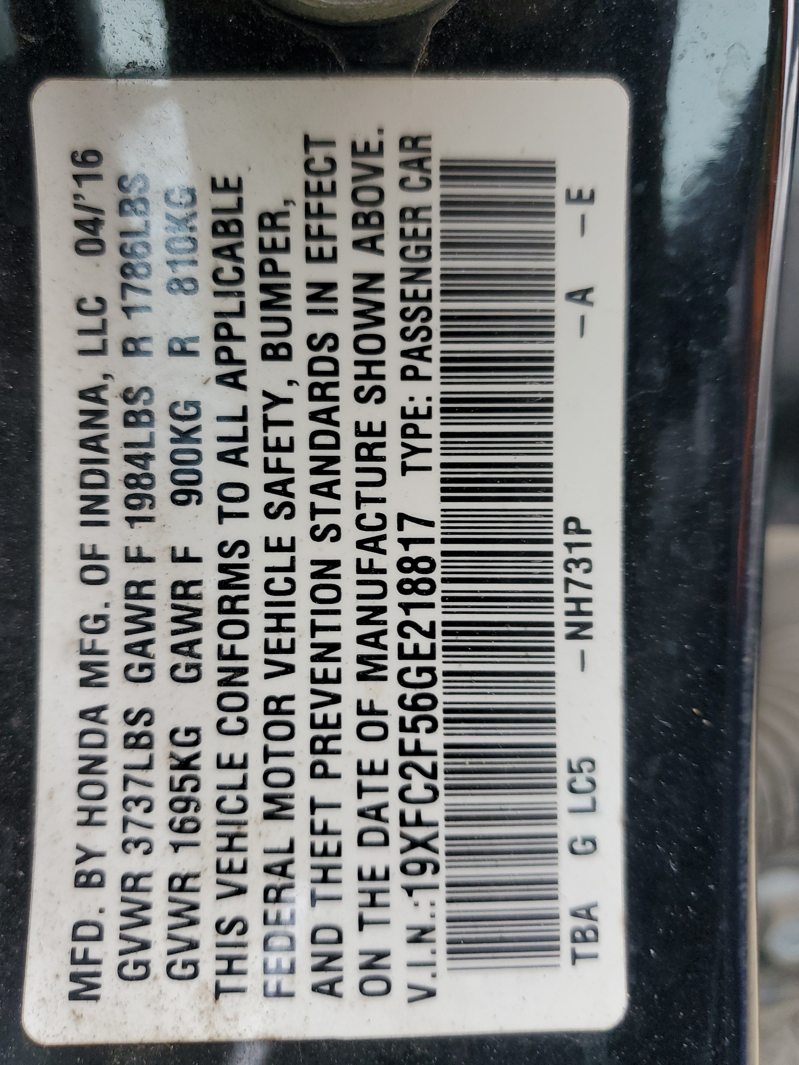 2016 Honda Civic Lx vin: 19XFC2F56GE218817