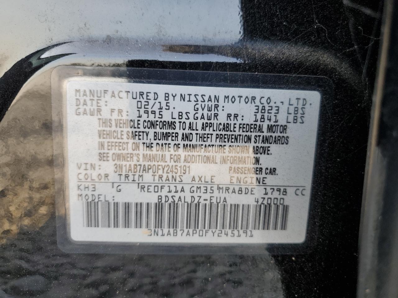 2015 Nissan Sentra S VIN: 3N1AB7AP0FY245191 Lot: 67904394