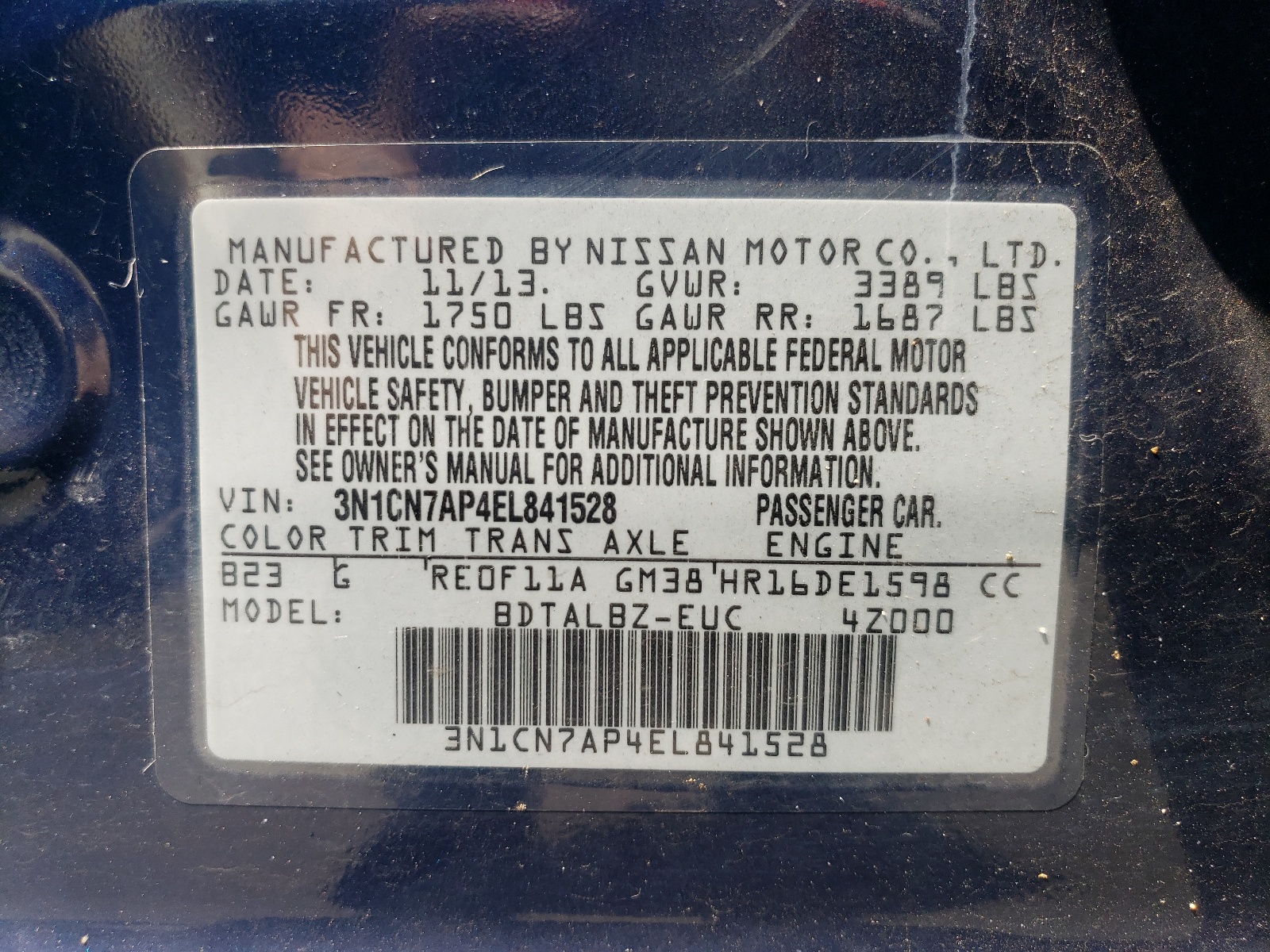 2014 Nissan Versa S vin: 3N1CN7AP4EL841528