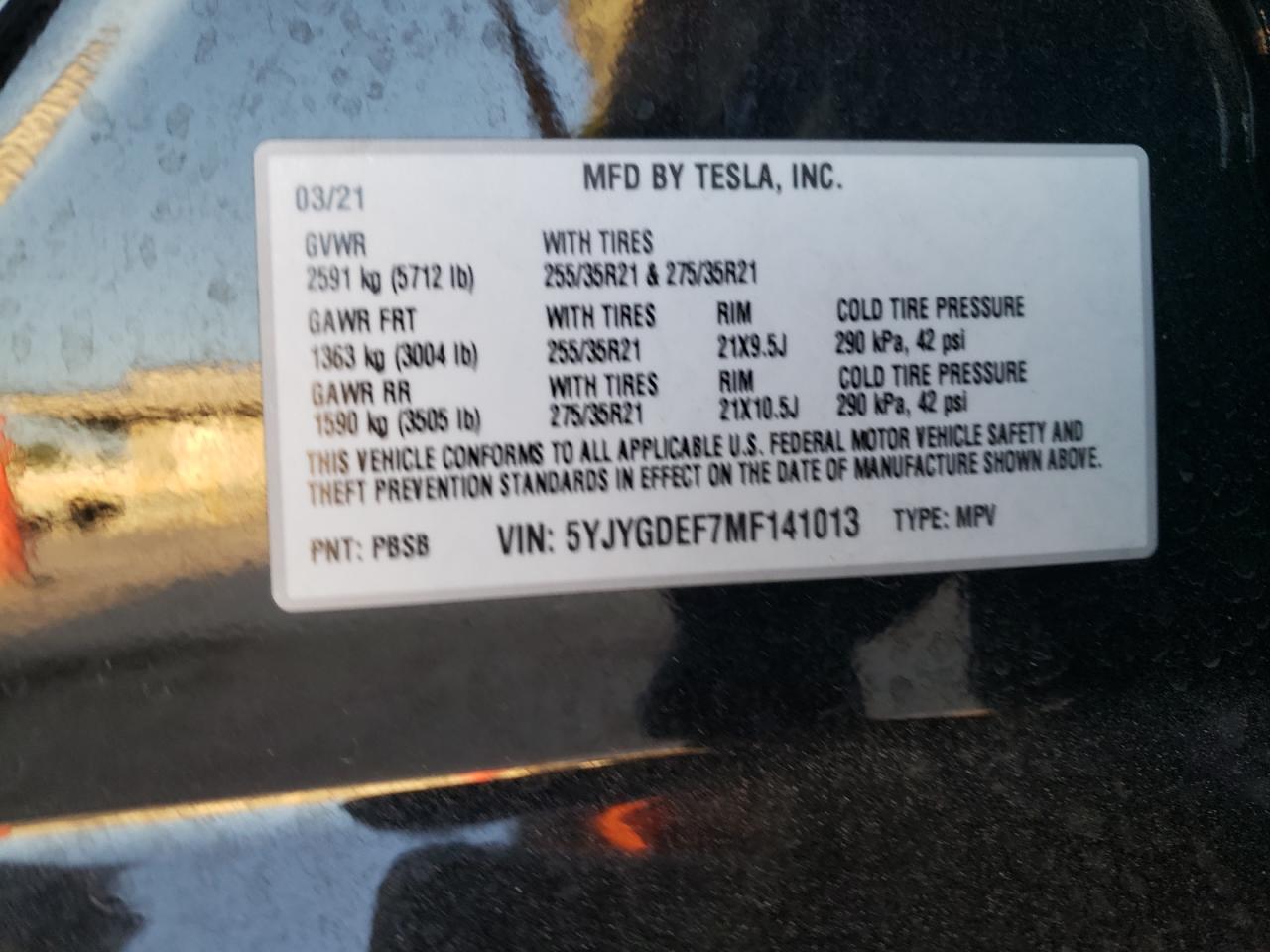 5YJYGDEF7MF141013 2021 Tesla Model Y