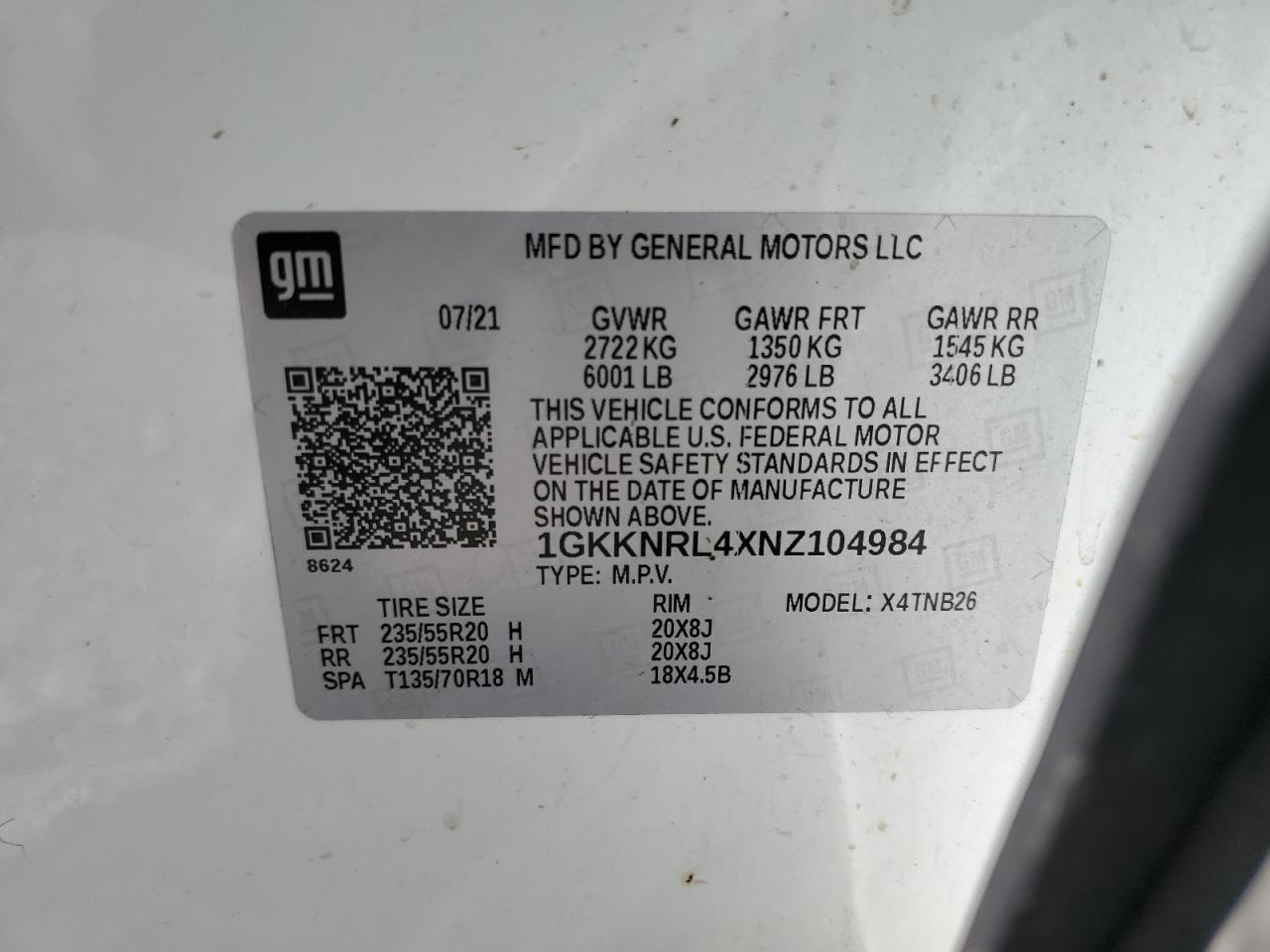 1GKKNRL4XNZ104984 2022 GMC Acadia Sle