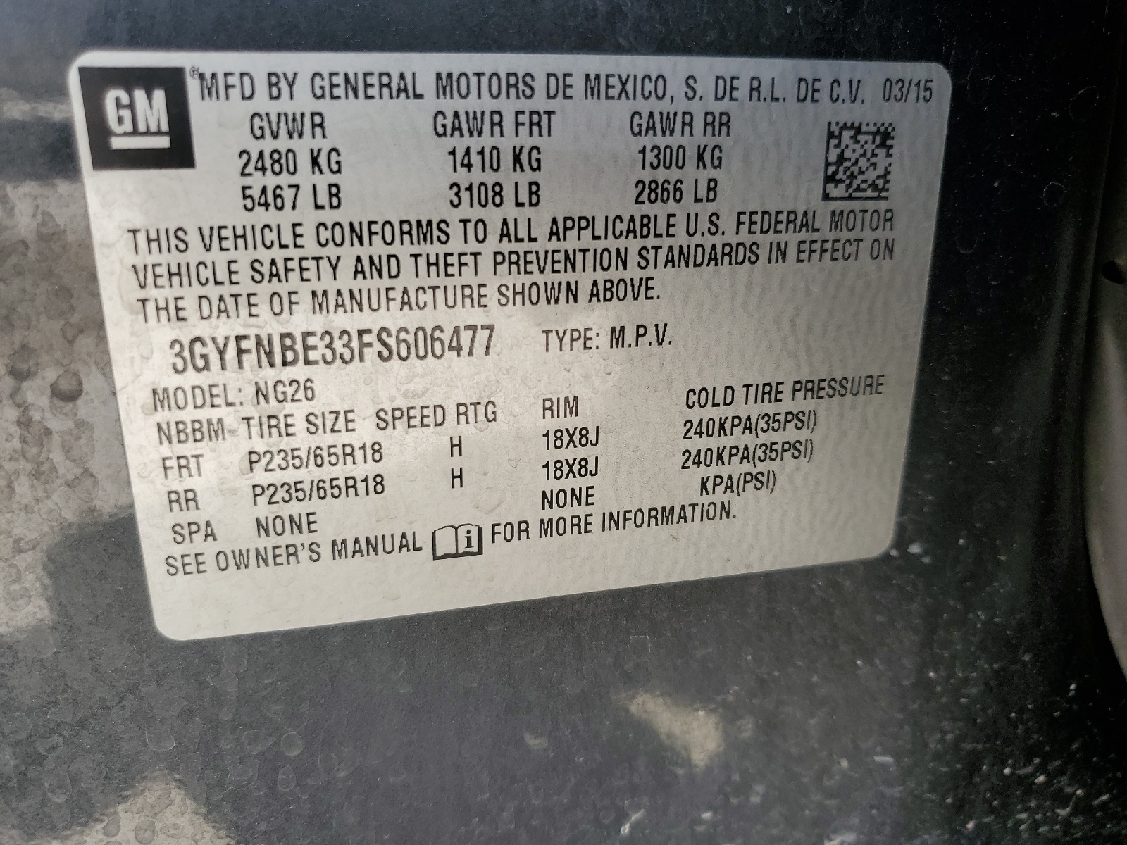 3GYFNBE33FS606477 2015 Cadillac Srx Luxury Collection