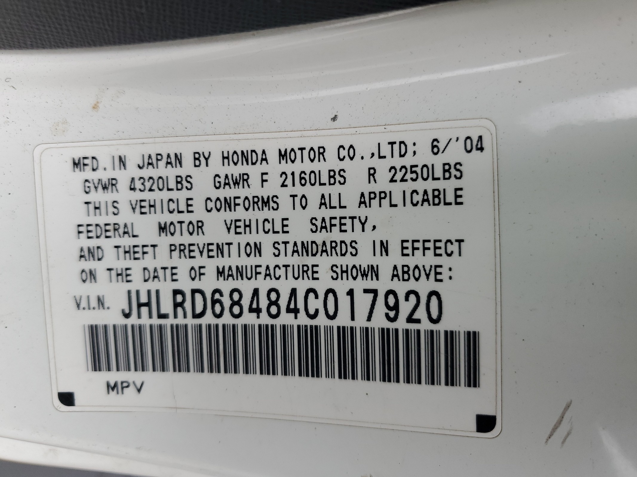 JHLRD68484C017920 2004 Honda Cr-V Lx
