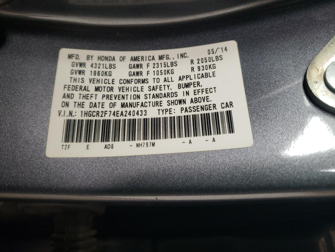 1HGCR2F74EA240433 2014 Honda Accord Ex