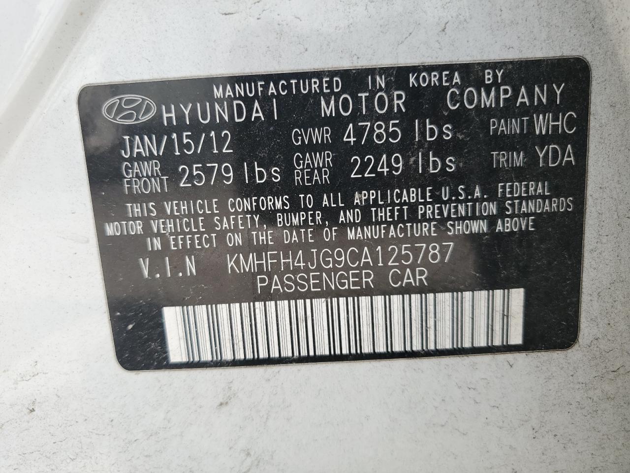 2012 Hyundai Azera Gls VIN: KMHFH4JG9CA125787 Lot: 67102644