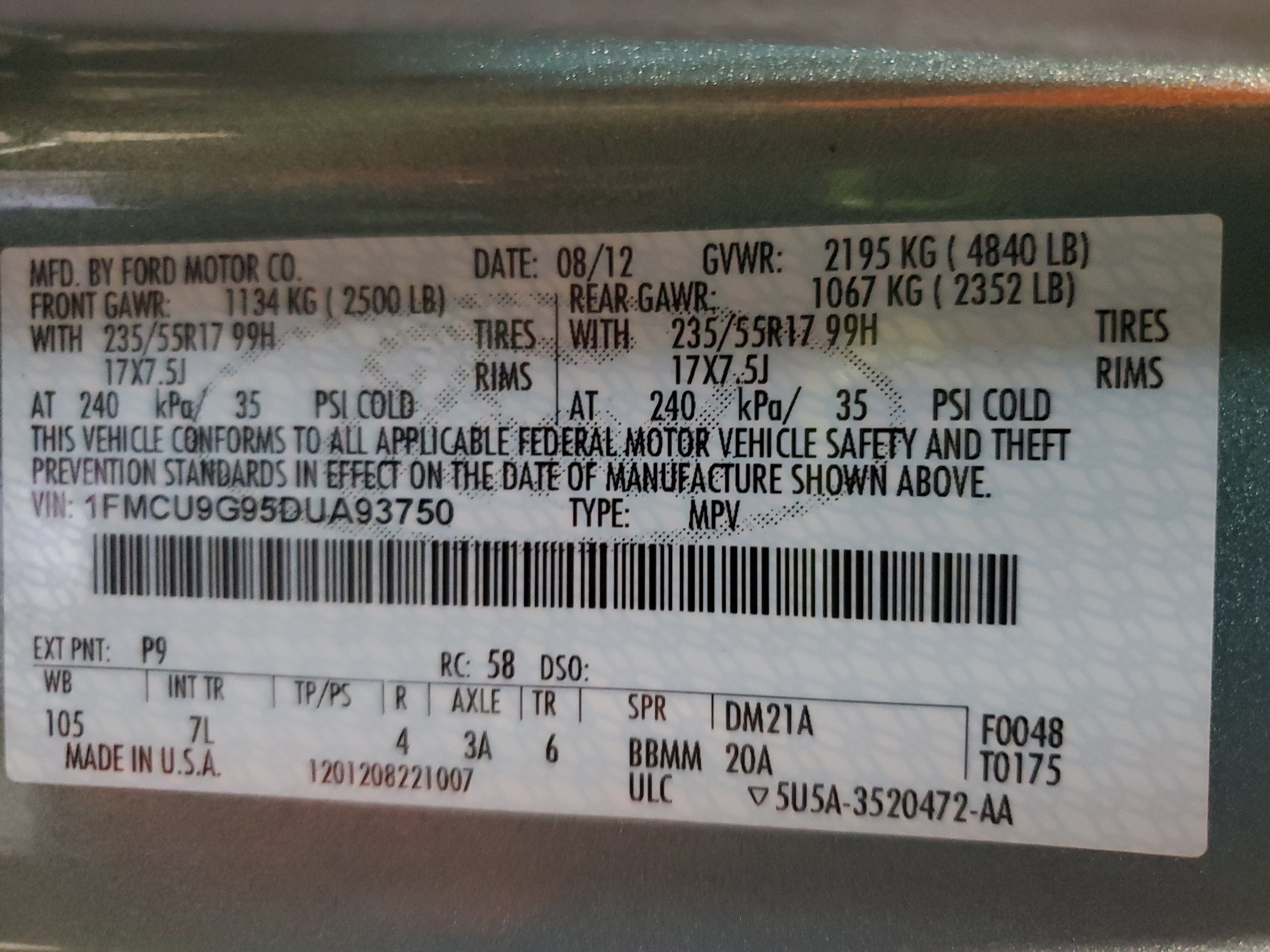 1FMCU9G95DUA93750 2013 Ford Escape Se