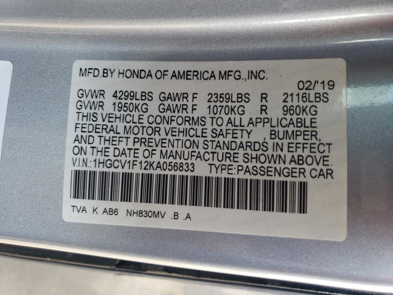 1HGCV1F12KA056833 2019 HONDA ACCORD - Image 15