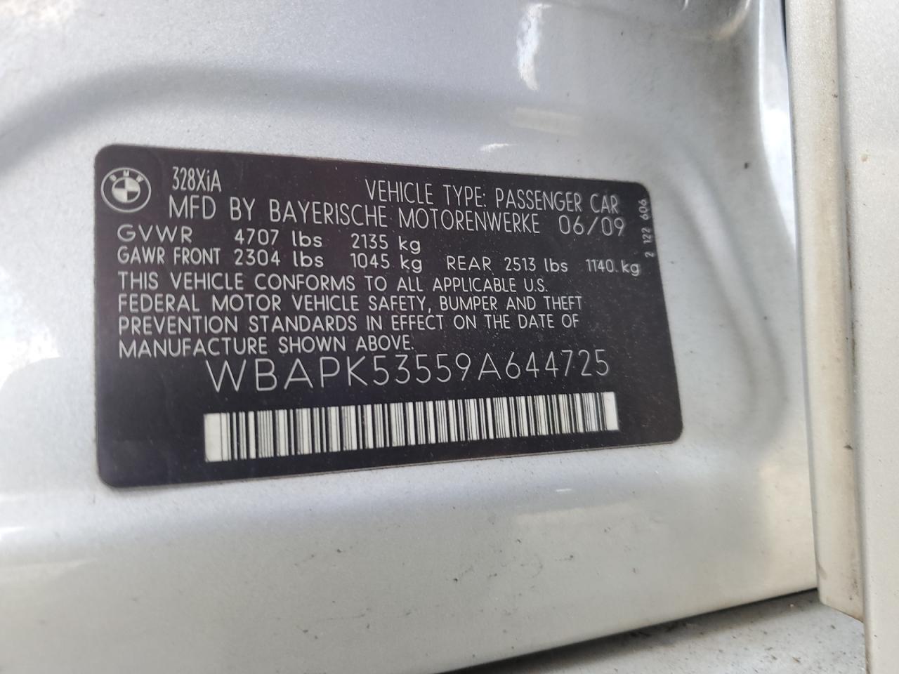 2009 BMW 328 Xi Sulev VIN: WBAPK53559A644725 Lot: 64624294