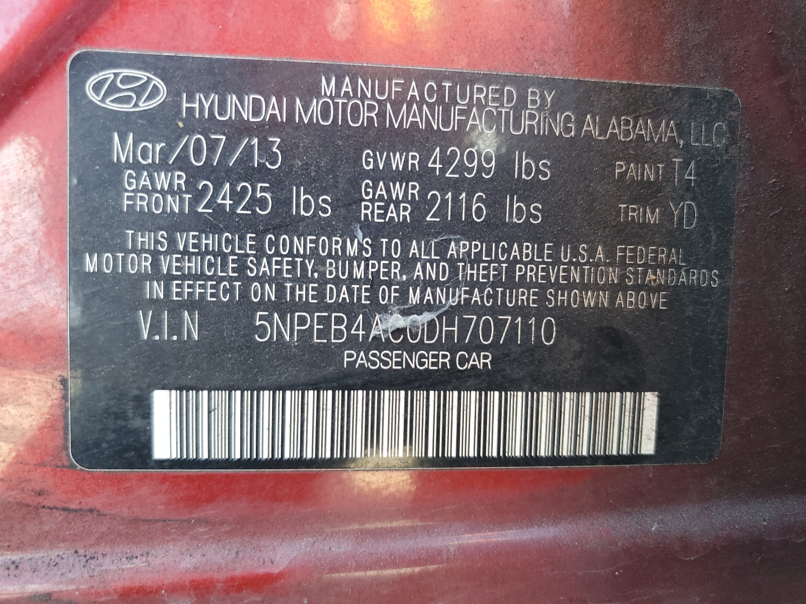 5NPEB4AC0DH707110 2013 Hyundai Sonata Gls