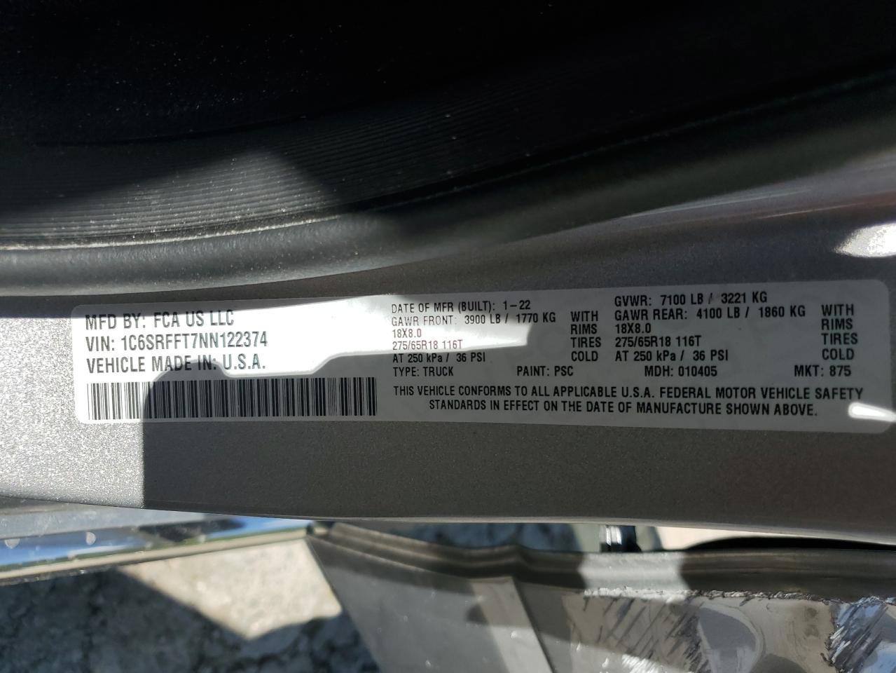 2022 Ram 1500 Big Horn/Lone Star VIN: 1C6SRFFT7NN122374 Lot: 67681614